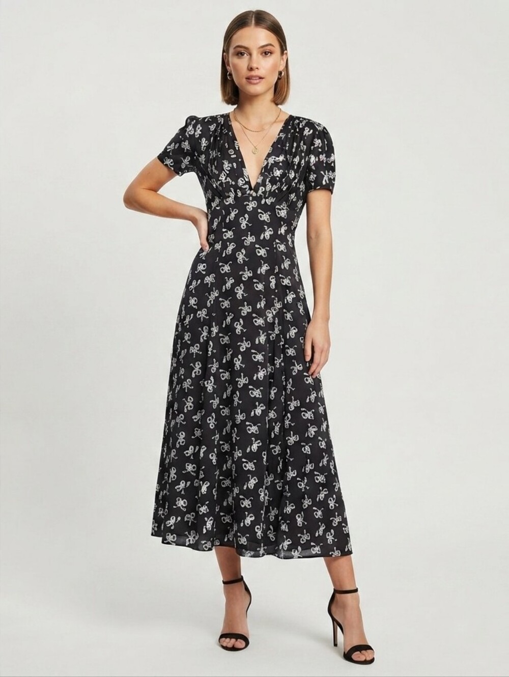 NEW Vintage Black Bow Print Short Sleeve Satin Midaxi Dress Size 6